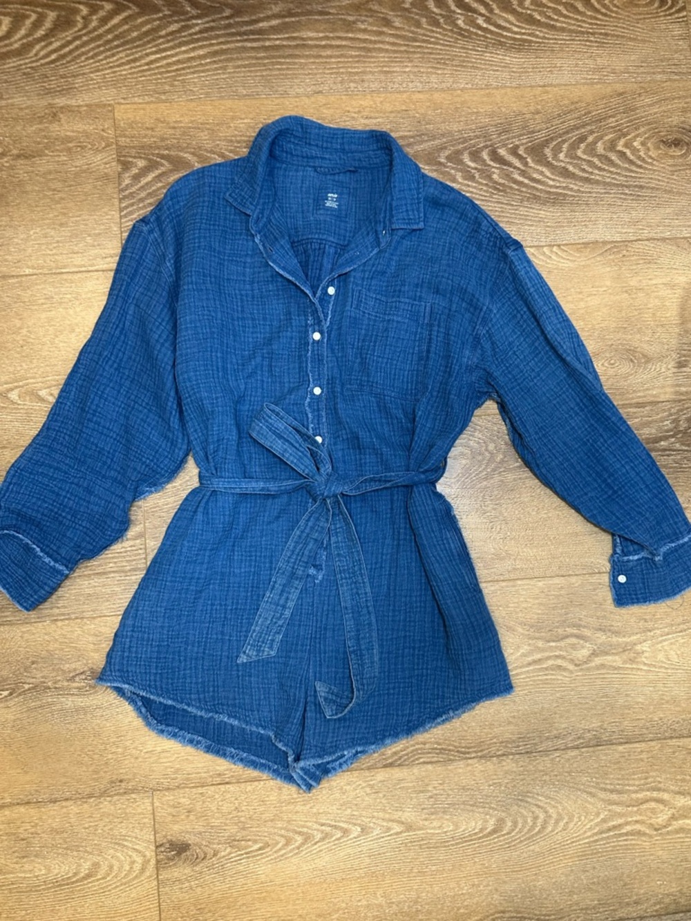 aerie Lightweight Cotton Gauze Blue Romper with Frayed Hem & self-tie belt